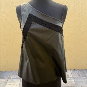 MUCHE & MUCHETTE Black Faux Leather Lace One Shoulder Top S/M $109 Free People